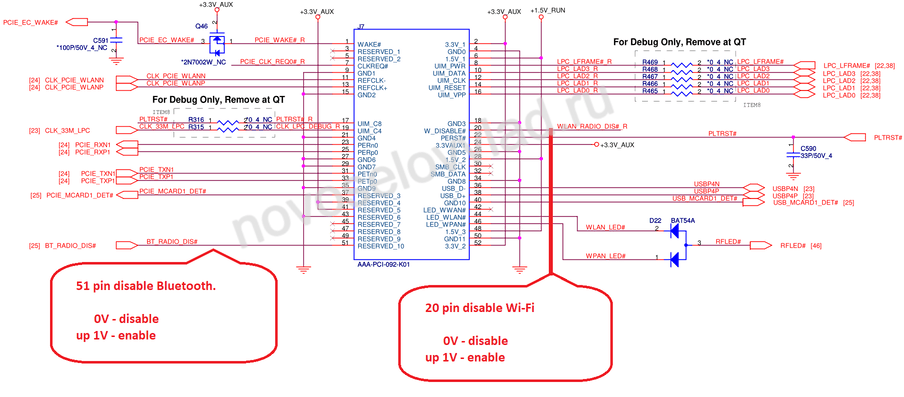 Wi-Fi mini PCIEx Card схема кусок схемы разъем с ключем фото модуля отрезать 51 pin 20 pin Wi-Fi отключен решение