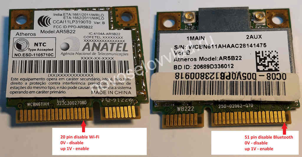 Wi-Fi mini PCIEx Card разъем с ключем фото модуля отрезать 51 pin 20 pin Wi-Fi отключен решение